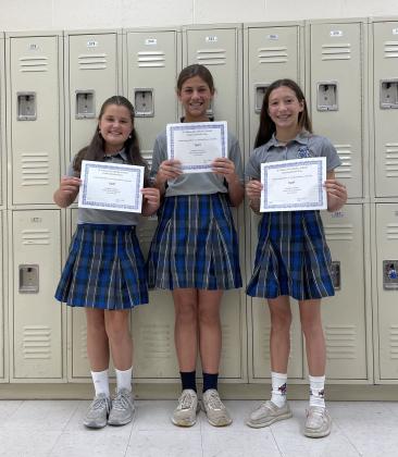 The International Day at St. Edmund Elementary was held in May and students are required as a Social Studies project to complete a project on their chosen country, research the country, create a poster project and report of the country’s history, foods, dress, etc. and the student/students dress in the appropriate country’s attire. Awards were presented. Receiving the Outstanding Effort in creating Costume Award was presented to Mary Grace Mayeaux, left, Camille Cormier and Lily Vidrine.
