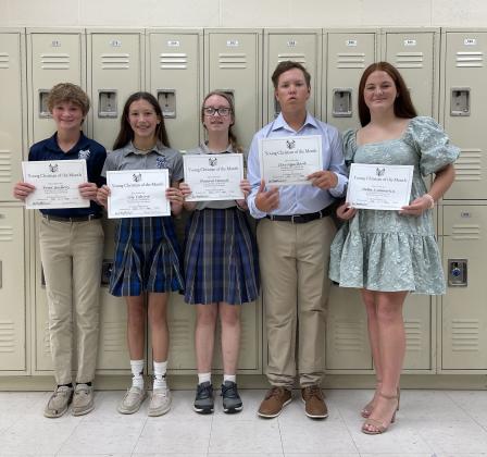 The Young Christian Award recipients at St. Edmund were, from left, Breyer Guillory and Lily Vidrine, sixth graders; Hayden Laughlin, Shawna Manuel, seventh graders; and Clay Aguillard and Stella Summerlin, eighth graders.