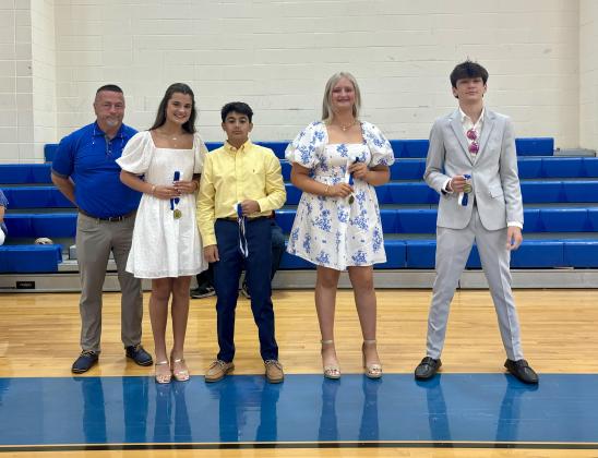 The Claire Francois Montz Award went to Mary Grace Mayeaux, left, Xander Langlinais, Brylee Brown and Jackson Landry. Principal at St. Edmund is Mitch Fontenot, at far left. (Submitted photos)