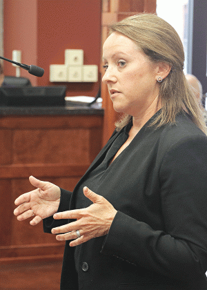 Jennifer Ardoin, an attorney for St. Landry Parish Clerk of Court Charles Jagneaux, speaks at the Parish Council’s Administrative-Finance Committee meeting on Wednesday. (Photo by Harlan Kirgan)