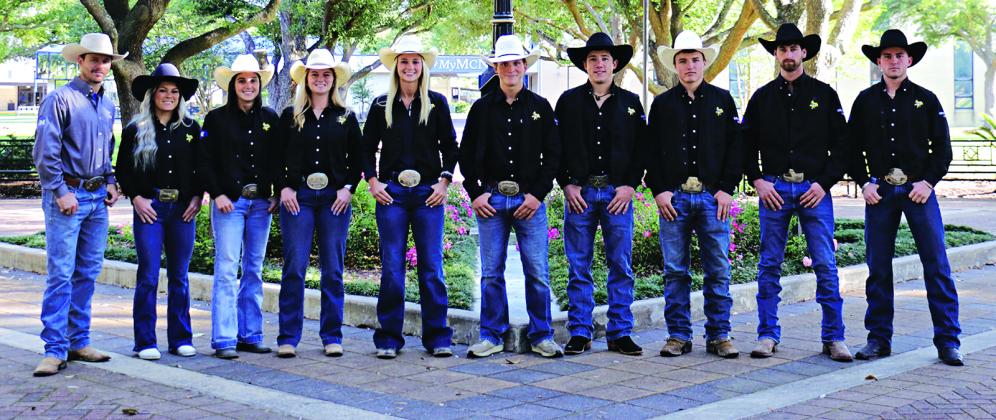 McNeese State University Rodeo Team members going to the College National Finals Rodeo. From left, are Coach Justin Browning, Kylie Conner, Kaylee Cormier, Kamryn Duncan, Jace Nixon, Isaac Richard, Connor Griffith, Brad Hesnor, and Shea Fournier. Kade Sonnier and Jude Leonards are not pictured.