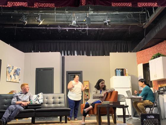 The cast rehearsing for Eunice Players’ Theatre’s “Aboveboard,” are from left Reed Rougeau, April Miller, Kristi Burleigh and Gabe Ortego. Not pictured are  Nathaniel Clark and Gabrielle Reed. (Submitted photo)
