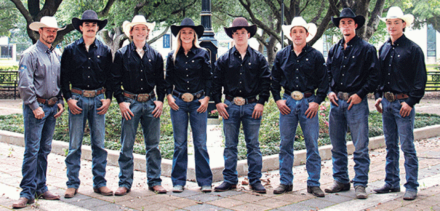 McNeese Rodeo team members going to the College National Finals Rodeo in Casper, Wyoming. From left, are Coach Justin Browning, Drew Bordelon, Caleb Miller, Kamryn Duncan, Kash Martin, Isaac Richard, Jude Leonards and Kash Krogman. Not pictured is Brad Hesnor. (Submitted photo)
