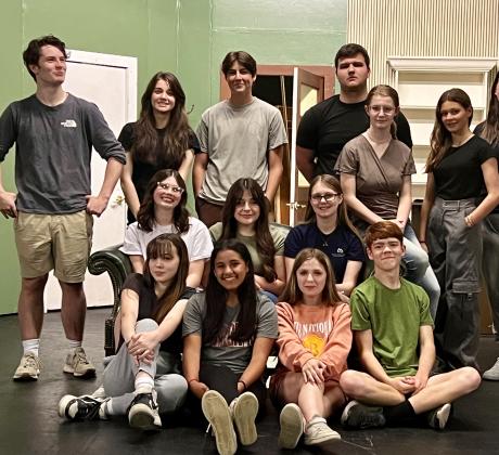 The cast of the upcoming Eunice Players’ Theatre production, “Off Moss and Men” are seated, from left, Liana Reed-Suzette LaCrepe, Lillian Veillon-Rhett, Elle Soileau-Donna Syles, and Oscar Summerlin-Chip Porcellini/Buzz. Second row, from left, are DJ Blankenship-Minnie Moss, Alexis Bordelon-Carmen Parker, and Katy Miller-Helen Bennet. In back, from left, are Joe Aucoin-Mickey Moss, Karlie Fontenot-Bertha Belcher, Ross Bertrand-Sal E. Mander, Haden Lasage-Washington Cloth, Riley Long-Hazel Knutley, and Rose