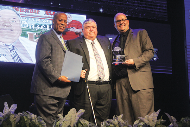 From left are State Sen. Gerald Boudreaux, Distinguished Service Award recipient Garland Forman, and Louisiana Sports Writers Association President Raymond Partsch III. (Photo by Tony Marks/Ville Platte Gazette)