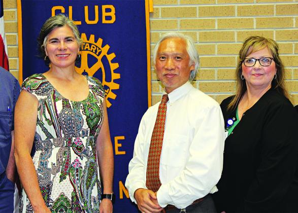 Eunice Rotary Club speakers Wednesday, and guest of Elizabeth Bergeron a Rotorian, were Angela Fontenot, director of marketing at Savoy Cancer Center, Dr. Paul Zhang and Connie Brignac, RN, Oncology manager. (Photo by Myra Miller)