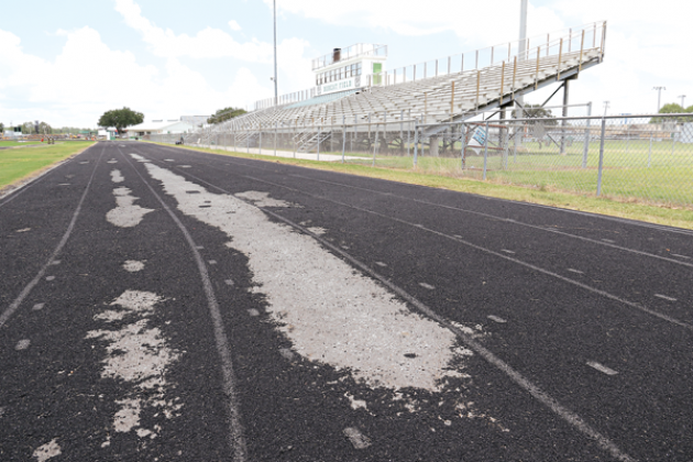 The surface of the track at Eunice High School shows wear. (Photo by Harlan Kirgan)