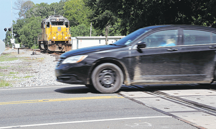 The locomotive is stopped in this photo, but crossing in front of one these machines when they are running is risky business. Eunice Police and Union Pacific Railroad employees conducted a safety training on Tuesday focusing on crossings. (Photos by Harlan Kirgan)