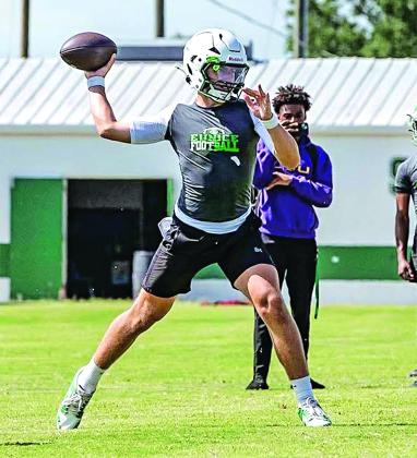 Eunice senior quarterback Montana Brown fires a pass during Wednesday’s 7-on-7 scrimmage with Sacred Heart.