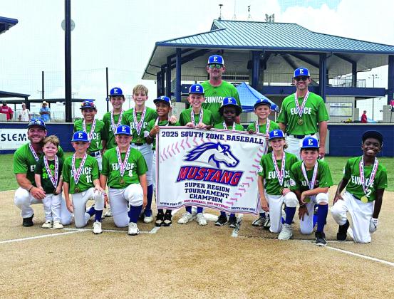 The Eunice Recreation 10u All Stars team are the Mustang Super Regional Champs. The team won the tournament the weekend of June 27 in Youngsville. They move onto the Zone tournament July 16-19 in Scott. The World Series would be their next round if they win the Zone tournament. In front, from left, are, Coach Garrett Daville, Slade Daville, Thomas Andrus, Jay Douglas Miller, Gabriel Frye, Tripp Duplechin, and Avan Ceasar. In back, from left, are, Wesley Rozas, Baylor Brown, Eli Daville, Leo Sam, Winston Gui