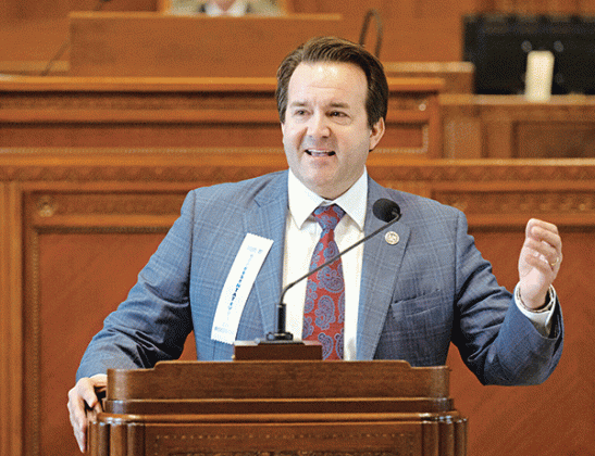 Louisiana House Speaker Phillip DeVillier addresses representatives at a January 2024 organizational session. (Hilary Scheinuk/The Advocate via AP, Pool)