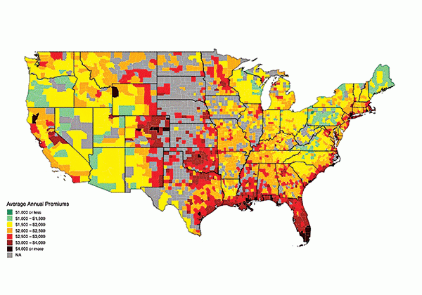 The map shows average annual household insurance premiums. A recent study published by the National Bureau of Economic Research showed that, on average, annual insurance premiums have increased by 33% in the last three years — from $1,902 in 2020 to $2,530 in 2023.