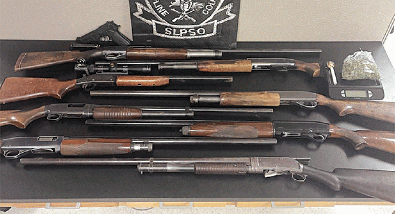 The execution of a search warrant led to guns and drugs in the possession of a convicted felon in Opelousas, according to St. Landry Parish Sheriff Bobby Guidroz in a news release.  Arrested was James Vidrine, 57, of the 500 block of Marks Road, Opelousas.  Vidrine is charged with possession with intent to distribute schedule I CDS, possession of schedule II CDS, possession of drug paraphernalia, illegal carrying of weapons (9 counts), possession of a firearm or carrying concealed weapon by a person convict