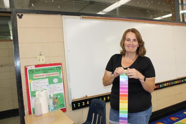 Melissa Richard, a first grade teacher at East Elementary, places a border around one of her class boards in preparation for the first day of school. She plans to have about 21 students in her classroom. Gina Lagrange is the principal at East Elementary.