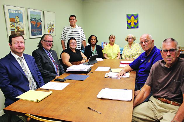 At the Eunice Public Library Board of Control meeting Thursday were, from left, Daniel Monteverde, communications director with state library of Louisiana; Michael Golrick, associate state librarian; Alison Duplechin, library director; and board members Ricky Coutee, Germaine Simpson, councilwoman; Sheila Landreneau, Cinderella Hayes, Tony Baltakis and David Simpson. (Photos by Myra Miller)