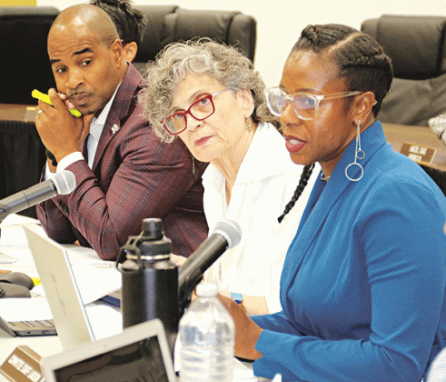 The St. Landry Parish School Board began reviewing its 2023-24 budget at a Committee of the Whole meeting on Wednesday in Opelousas. From left, are Milton Batiste III, superintendent, Mary Ellen Donatto, Board vice president, and Shaun Grantham, finance director. (Photo by Harlan Kirgan)