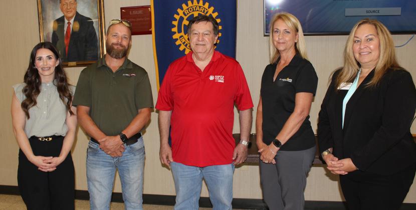 New Rotary Club members were recognized at the club’s meeting on Wednesday. From left, are Amber Vidrine, Greg “Stormy” Soileau, Rotary Club President Ellis Daigle, Debbie Kreswell and Jessica Vondenstein. (Photo by Myra Miller)