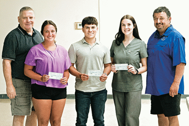 The CFMA, Acadiana Charter Chapter in Eunice, awarded four school scholarships at this month’s meeting to a few outstanding students at $250 each. If they remain in school they receive another $250 in January, 2025. From left are CFMA Vice President Leward Lafleur, Carlie Booth, Ryan Trahan, Mollie Sonnier, and CFMA President Greg Brown. William LeJeune of Iota, who had just returned from a French Immersion class in Nova Scotia is not pictured. (Photo by Rick Nesbitt/KEUN Radio)