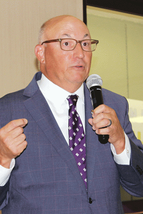 Dr. Matt Lee, vice president for Agriculture and Dean of College of Agriculture, spoke to the Eunice Rotary Club recently about the LSU’s impact on the state’s $12 billion agriculture business. (Photo by Myra Miller)