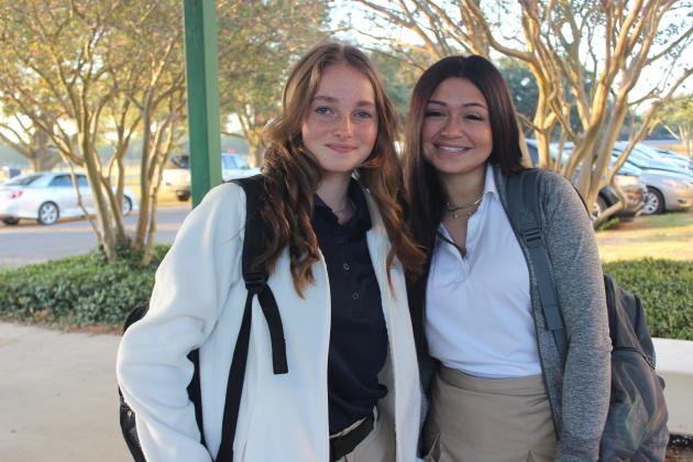 Addison Bundick, a freshman; and Kaila Cuellar, a sophomore arrive at Eunice High School campus early Thursday for their first day of classes.