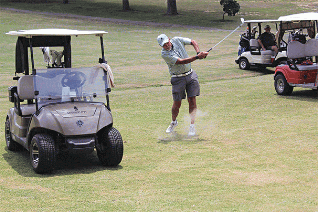 Ernie Deloach fires off a shot during the Deux Coupes Paroissial held at the Ville Platte and Eunice country clubs. (Ville Platte Gazette photo)