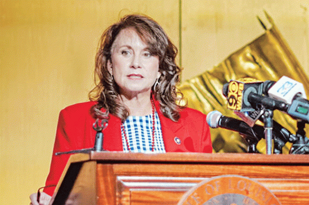 Liz Murrill speaks to reporters after qualifying for the 2023 election for Louisiana attorney general. (Matthew Perschall/Louisiana Illuminator)