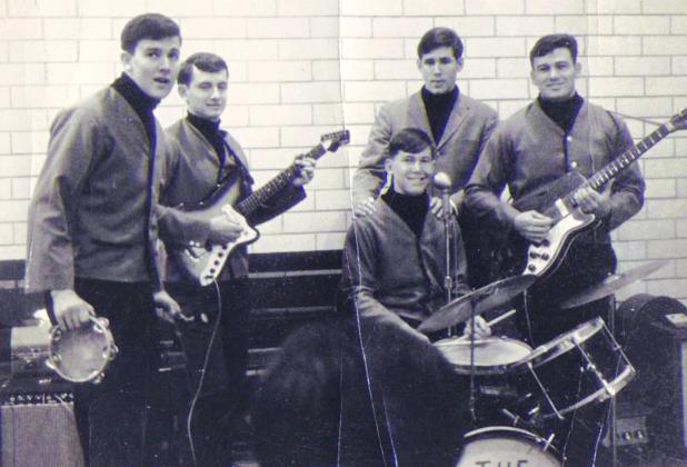 Joseph LeDoux had a band in Eunice called The Countdowns in 1964. From left, are  Gerald ‘Spoolie’ Fontenot, vocals; LeDoux rhythm guitar; Barry Bedez, drums; EL Hebert, manager; and Terry Bedez, lead guitarist. LeDoux’s love of music has continued with band titled The Amygdaloids. (Photo courtesy of Joseph LeDoux)