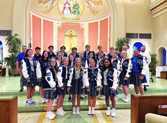 After a School Mass, St. Edmund dedicated student-athletes were honored with their letterman jackets, a symbol of their hard work, commitment, and school spirit. In front, from left, are Shawna Manuel, Jeslyn West, Rowe Klein, Emily Manuel and Malori Bellard. Second row, from left, are Ruby Durham, Katy Miller, Amelie Fontenot, Bella Smith, Hallee Cart, Camille Cormier, Layla Fontenot and Brylee Brown. In back, from left, are Principal Mitch Fontenot, Michael Perron, Hayden LeBlanc, Hayes Ortego, Cooper Ber