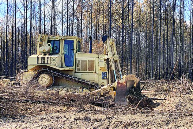 Soldiers from the Louisiana Army National Guard’s 528th Engineer Battalion use bulldozers to move burnt forestry and clear a firebreak near Pirate’s Cove in Florien on Aug. 29,. The Pirates Cove area caught fire on Aug. 25 and Louisiana Army National Guard aviators helped with the initial response. (U.S. Army National Guard Photo by Staff Sgt. Noshoba Davis)