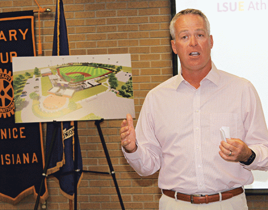 Jeff Willis, LSUE athletic director and head baseball coach, explains the plan for a new Bengal Baseball Stadium to the Eunice Rotary Club on Wednesday, (Photo by Myra Miller)