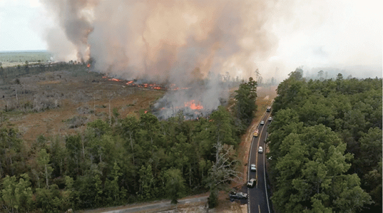 An image of a wildfire in Beauregard Parish from drone video taken Saturday. (Louisiana State Police)