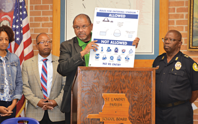 Safety and security measures for the St. Landry Parish School Board athletic events were announced Thursday. From left, are Clarissa Johnson, St. Landry Parish athletic director;  superintendent Patrick Jenkins, superintendent; Julius Alcindor, Opelousas mayor; and Martin McClendon, Opelousas police chief. (Photo by Tom Dodge)
