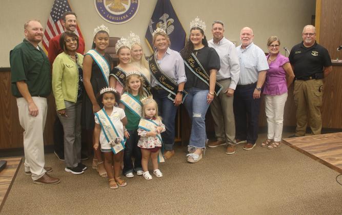 Eunice royalty were recognized at the Sept. 9 Eunice Mayor and Board of Aldermen meeting. Front, from left, are Toddler Miss Eunice Julia Bellard, Little Miss Eunice Paisley Bordelon, and Tiny Miss Eunice Evelyn Doucet. In back, from left, are Alderman Randall Reed, Alderwoman Germaine Simpson, Alderman Chad Andrepont, Deb Miss Eunice Ava’ Claire Thomas, Junior Miss Eunice Elizabeth Kathryn Reed, Teen Miss Eunice Gracie Lou Oliver, Ms. Eunice Nichole Young-David, Miss Eunice Samantha Gobert, Mayor Scott Fon