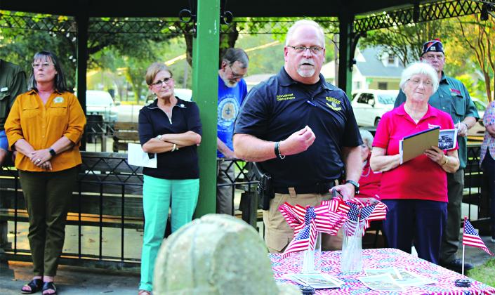 Eunice Police Chief Kyle LeBouef speaks at the 911 ceremony at the Eunice Circle Park. Turn to Page 12 for an additional 911 photo. (Photo by Myra Miller)
