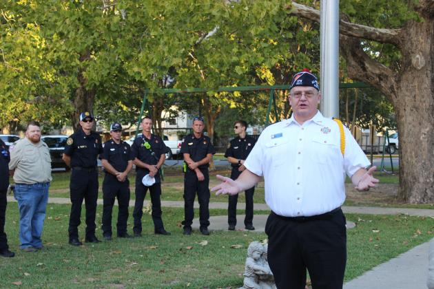 VFW Post 8971 Commander Donnie Fontenot says a few words during the 911 In Honor and Remembrance Ceremony held at the Circle Park.