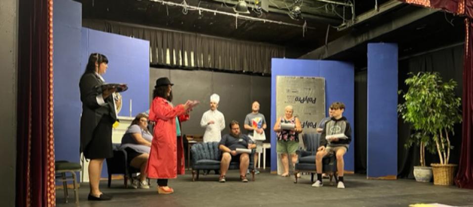 Above are some actors and actresses onstage for rehearsals for tonight’s first opening show of “The Alibis.” From left, are Shelby Hill, Allison Reed, Kristi Burleigh, Nathaniel, Mike Bourgeois, David Reed, Ricci Arnaud, Sandrez West and Nickie Dupre. (Submitted photo)