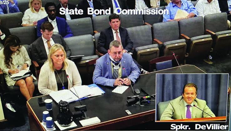 St. Landry Parish President Jessie Bellard, seated at the table, spoke for a $4 million loan at the State Bond Commission meeting on Thursday. Also at the table is Lela Folse, commission staff director. Speaker of the House Phillip DeVillier is in the inset at lower right in this still image captured from a video.