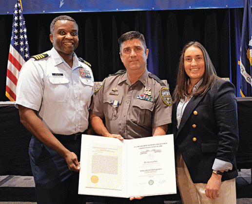 Capt. Ulysses Mullins, Coast Guard Eighth District Chief of Staff, Sgt. Stephen Rhodes and LDWF Secretary Madison Sheahan. (Louisiana Department of Wildlife and Fisheries photo)