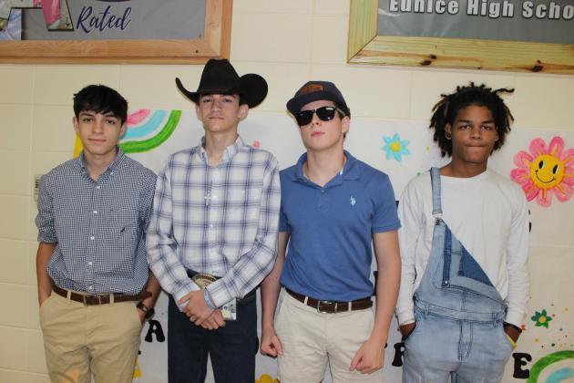 Are you a member of the country club or you a cowboy? Eunice High students celebrated Country Club versus Country Tuesday. From left, are Gaven Navarro, a junior; Elijah Aguillard, a sophomore; Kyle Fontenot, a sophomore; and Kendarious Wilridge, a freshman.