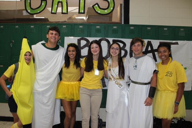 Eunice High students were dressed out of school uniform this week as they celebrated homecoming week. Seniors wore togas on Monday and underclassmen had a designated color to wear. From left, are Savanna Tauzin, junior; Carson Fontenot, senior; Mallory Thomas, Makaya Guillory, both juniors; Maci Vincent, Gavin Manuel, both seniors; and Adayvia Jones, a junior.
