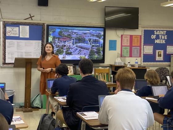 Sadie Sells, enrollment services specialist from ULM, gave a presentation to St. Edmund High seniors.