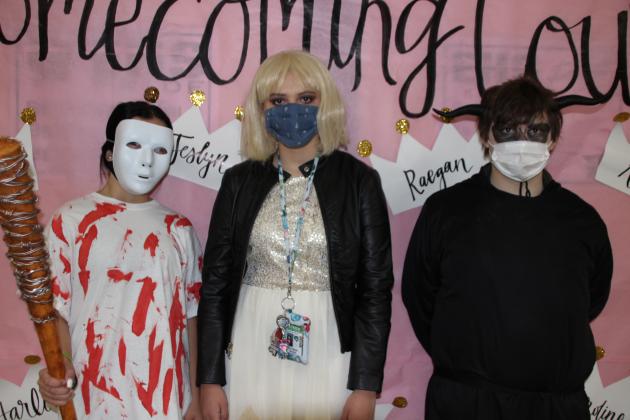 Some scary characters were seen Wednesday at Eunice High School as students enjoyed homecoming week. “Horror Day” was delcared on Wednesday. From left, are Addie Huval, Alyson Brown and Nicholas Venable.
