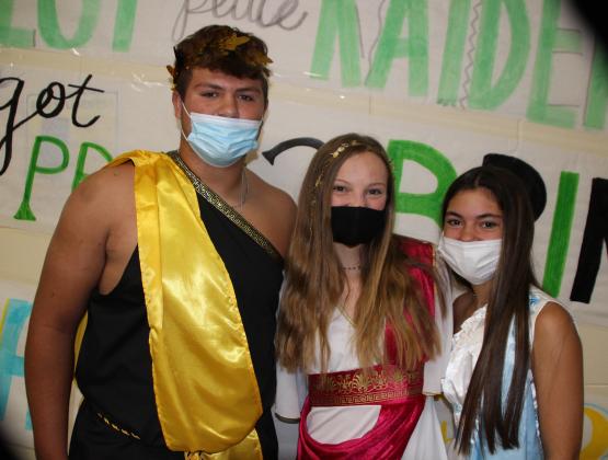 Eunice High seniors are in togas today in celebration of homecoming week. From left are Dylan Darbonne, Abbie Dupre and Ally Ogea.