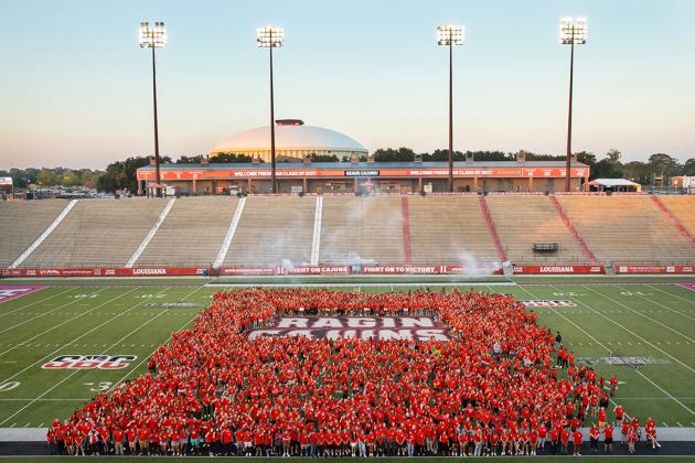 Incoming freshmen gather at Cajun Field in August following New Student Convocation. UL Lafayette enrolled a total of 3,066 first-time freshmen for the Fall 2023 semester, a 6.3% increase over last fall. (Photo credit: Doug Dugas / University of Louisiana at Lafayette)