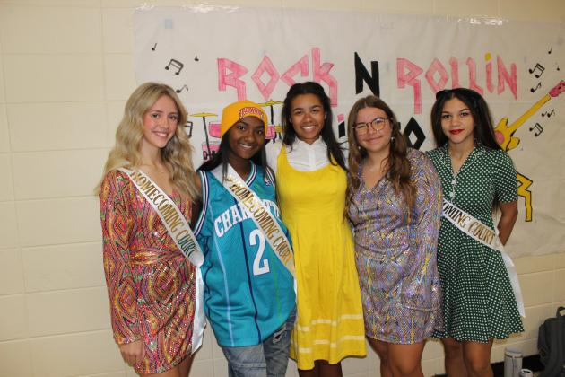 Decades Day happened at Eunice High School Wednesday as students dressed up for homecoming week festivities. From left, are Ali Vige, Josi Lemelle, both seniors; Adayvia Jones, a junior; Blaire Dupre, a sophomore; and Jana’Lyn McQuirter, a senior.