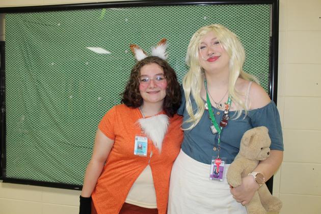 The Red Fox and Goldilocks appeared at Eunice High Tuesday. From left are Averiel Bergeron and Sophie Reed.
