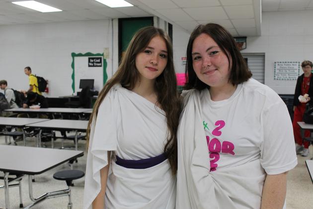 Toga Day was Monday for seniors at Eunice High School. From left are Clara Fuselier and Jaida Kelley.
