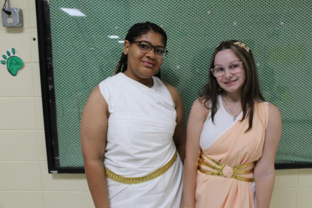 Sporting their togas Monday at Eunice High were Kaylee Guillory and Chloe Istre.