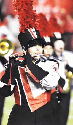 Kelly Blake Sonnier performs wtth the University of Louisiana at Lafayette band during the halftime show on Sept. 23. Sonnier is a sophomore member of the Pride of Acadiana band. She is a 2022 Eunice High graduate and the daughter of Becky and Michael Sonnier. (Photo by Tom Dodge)
