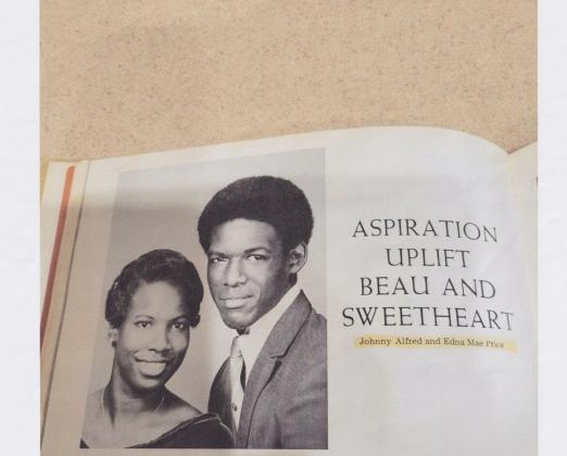 A clipping from The Eunice News. Edna Price is pictured with Johnny Alfred as Eunice High’s Aspiration Uplift Sweetheart.